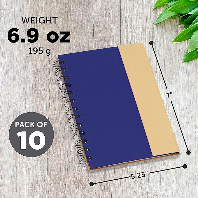 DISCOUNT PROMOS Eco Friendly Spiral Notebooks with Pens Set of 10, Bulk Pack - Perfect for School, Office, Home - Blue