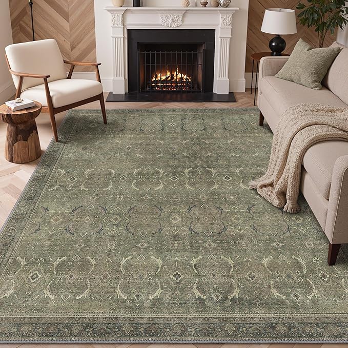 GENIMO 6x9 Area Rugs for Living Room, Machine Washable Non Slip Vintage Rugs, Low Pile Lightweight Chenille Print Rug for Bedroom, Dining Room, Home Office, Muted Green