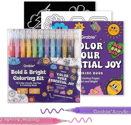 Grabie 12Colors Acrylic Gel Pens&Coloring Book, Medium Point Colored Gel Pens, Acrylic Gel Ink Pen Assorted Colored for Drawing, Note Taking, Bold&Bright Coloring Kit, Set of 12 (Essential Colors)