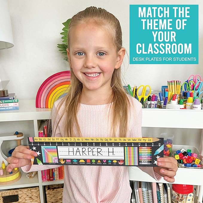 Desk Name Tags for Classroom -25 Student Name Plates for Classroom Kindergarten, Preschool, 1st, 2nd & 3rd Grade, 13x3 Teacher Nameplates for Student Desks, Chalkboard Nametags