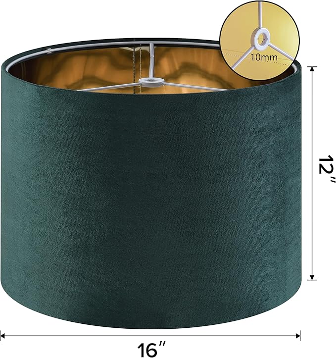 Green Velvet Lampshades Set of 1 Large Drum Lamp Shade 16" Top x 16" Bottom x 12" High (Spider) Modern Lamp Shade - Ideal for Table & Floor Lamps - Lampshades Replacement - By GO&SO