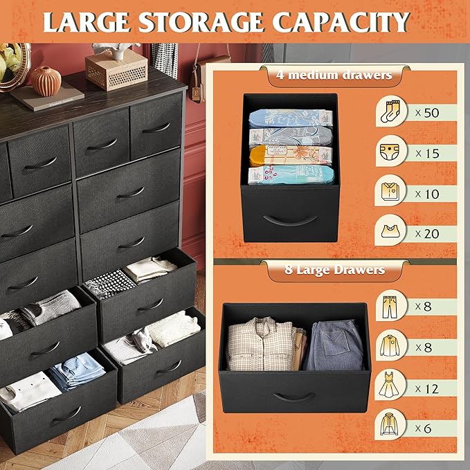 WLIVE Tall Dresser for Bedroom with 12 Drawers, Dressers & Chests of Drawers, Fabric Dresser for Closet, Living Room, Storage Dressers with Storage Drawers, Steel Frame, Wood Top, Charcoal Black