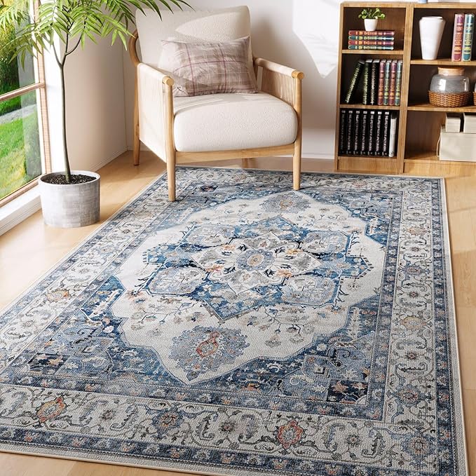 Rugcomf Vintage Medallion 3'x5' Washable Rug - Non-Slip Low Pile Area Rug, Small Boho Carpet for Bedroom, Bedside, Kitchen, Entryway, Kids/Girls Room, Office - Blue