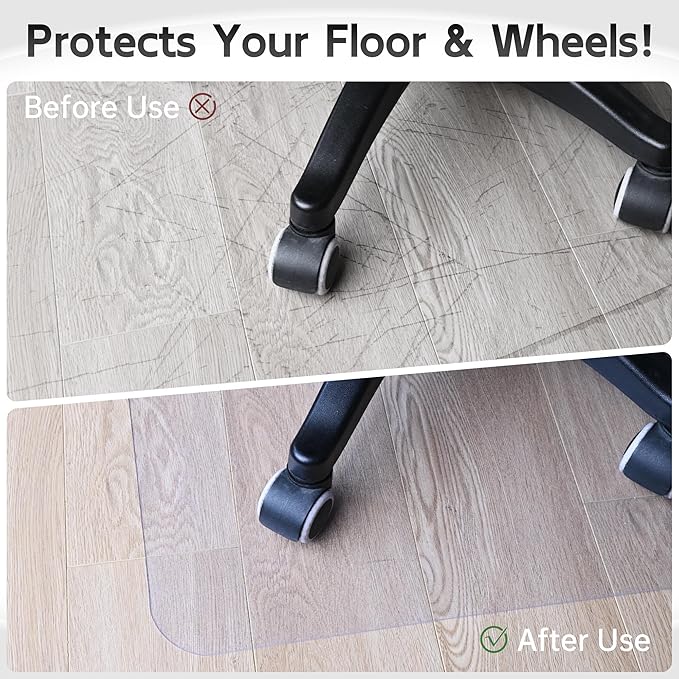 HOMEK Office Chair Mat for Hardwood Floor, 55” x 35” Crystal Clear Hard Floor Chair Mat, Transparent Floor Protector Mat Flat Without Curling