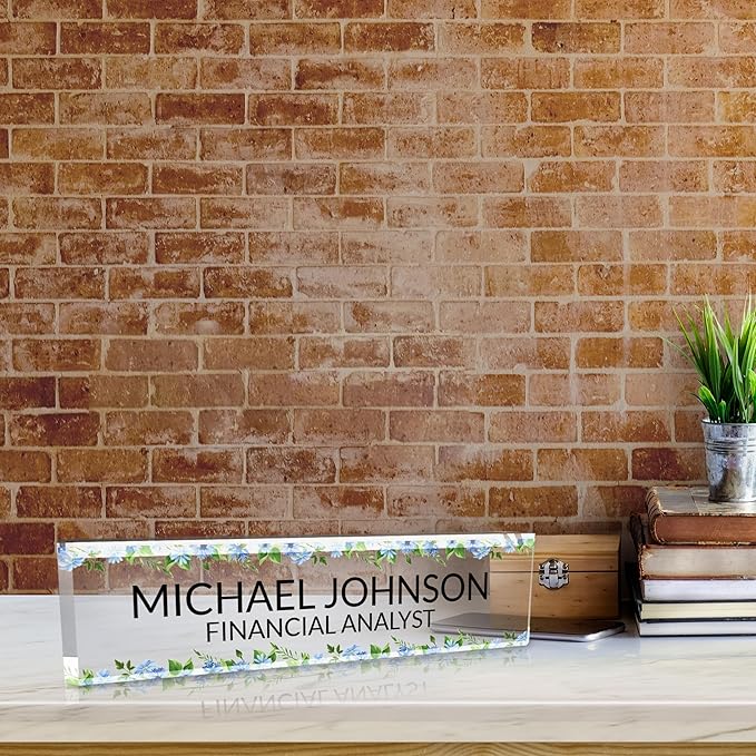 Signs ByLITA Floral Pattern Customized Nameplate | Wild Blue Personalized Full Color Acrylic Desk Sign
