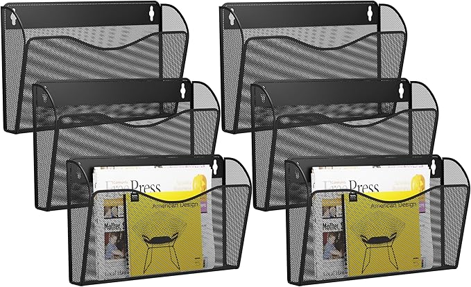 GDINDINFAN 6 Single Pocket Wall File Holder, Mesh Hanging File Folder Paper Organizer, Vertical Wall Mounted Mail Basket, Storage Organization Magazine Rack for Office, Home and School, Black