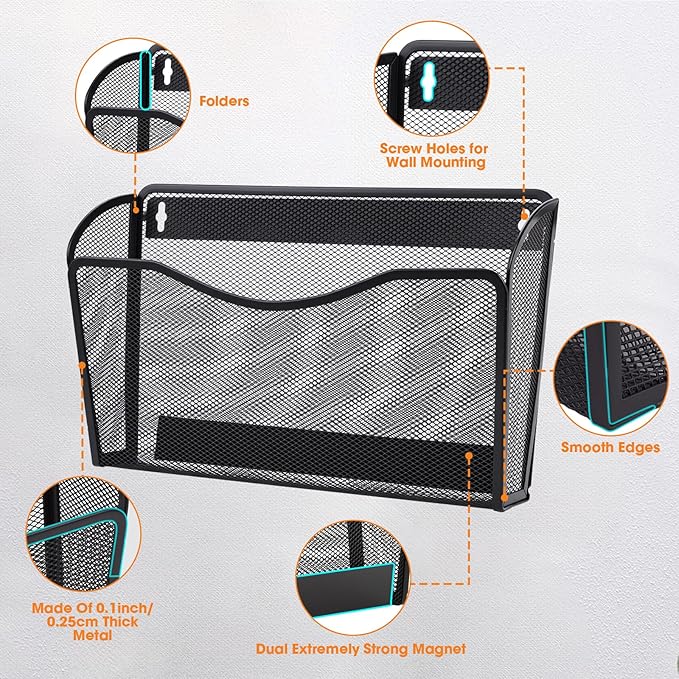AGPTEK Magnetic File Holder, 3PCS File Paper Mail Organizer No Drilling Magnet Paper Mail Organizer Magazine Basket, Hanging Wall Storage Rack for Fridge Cabinets Office Classroom