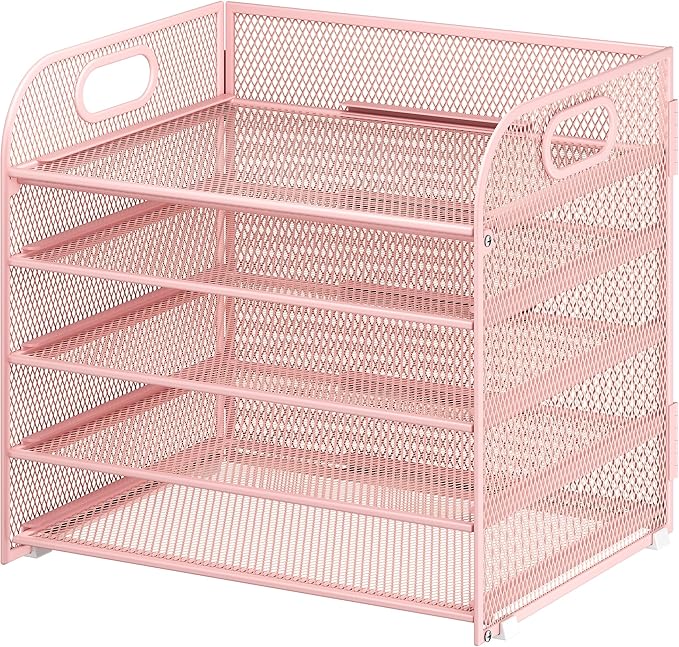 Cawukege 5 Tier Paper Organizer with Handle, Metal Mesh Desk Organizer File Folder Paper Letter Tray Desktop Document Sorter for Classroom, School, Office Accessories Organization and Storage - Pink