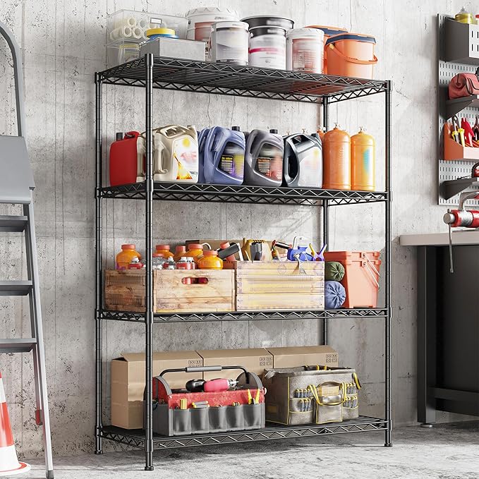 DurayLoly 4- Shelf Metal Shelving Unit Adjustable Storage Shelves Heavy Duty Garage Shelving Steel Wire Shelving for Laundry Bathroom Kitchen Pantry Closet Garage Black, 35.6Wx16Dx54H