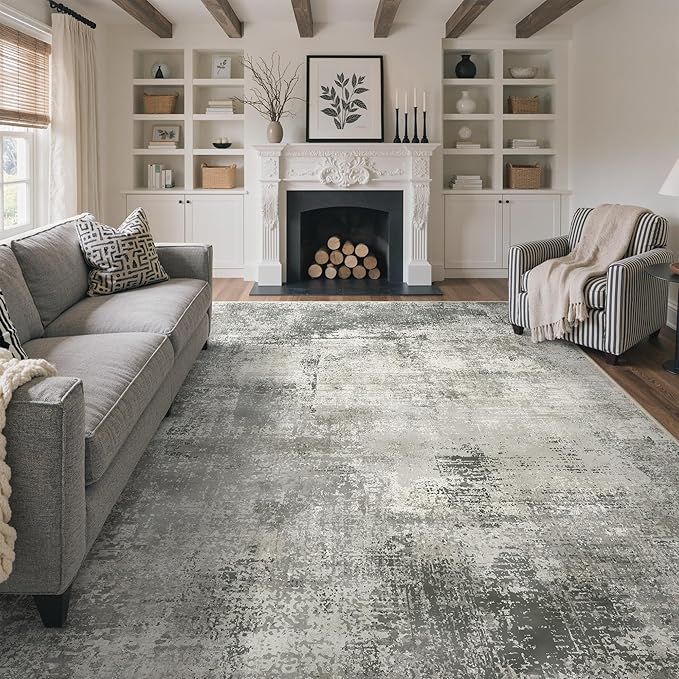 GENIMO 8x10 Area Rugs for Living Room, Machine Washable Non Slip Rugs, Low Pile Lightweight Vintage Print Rug for Bedroom, Dining Room, Home Office, Distressed Grey