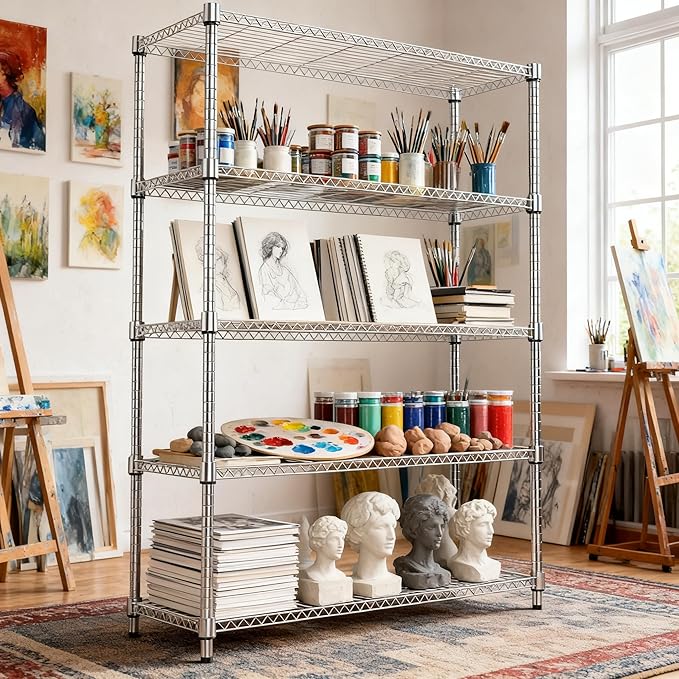 M MZG 5 Tiers Shelf 1750 lbs Steel Storage Shelving Utility Shelving Unit Steel Organizer Wire Rack for Home,Kitchen,Office,Garage Chrome 17.7" D x 47.2" W x 72.4" H