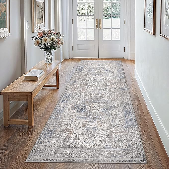 GENIMO 2'6"x6 Runner Rugs for Hallway, Machine Washable Non Slip Vintage Retro Rugs, Low Pile Lightweight Thin Print Rug for enrtyway, Corridor, Home Office, Kitchen, Khaki Blue