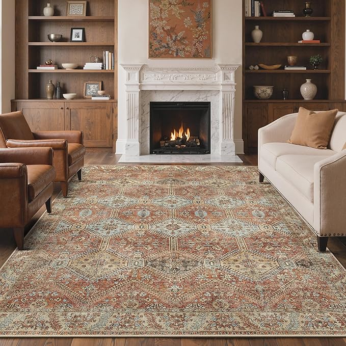 GENIMO 3x5 Area Rugs for Living Room, Machine Washable Non Slip Rugs, Low Pile Lightweight Print Rug for Bedroom, Dining Room, Home Office, Vintage Brick Red