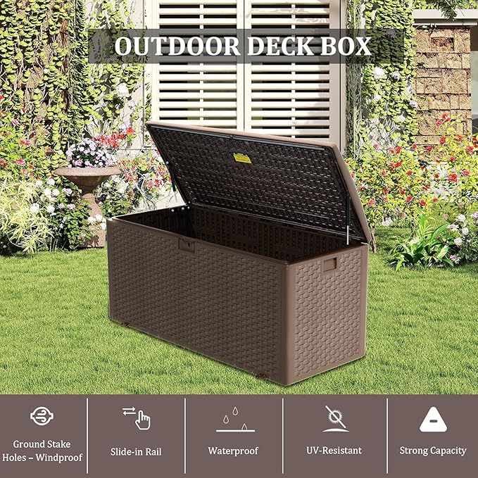 Yardgrace 180 Pro Gallon Deck Box,Outdoor Storage Box Lockable,Waterproof for Patio Furniture, Garden Tools, Pool Accessories, Package Delivery Boxes For Outside, Brown