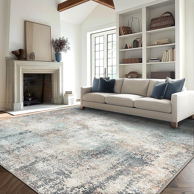 GENIMO Washable Area Rugs for Living Room, 10x14 Modern Non Slip Rugs, Low Pile Lightweight Soft Print Rug for Bedroom, Dining Room, Home Office, Washed Light Blue