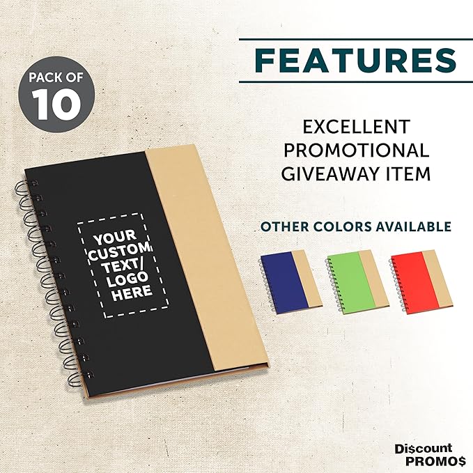 DISCOUNT PROMOS Custom Eco Friendly Spiral Notebooks with Pens Set of 10, Personalized Bulk Pack - Perfect for School, Office, Home - Black
