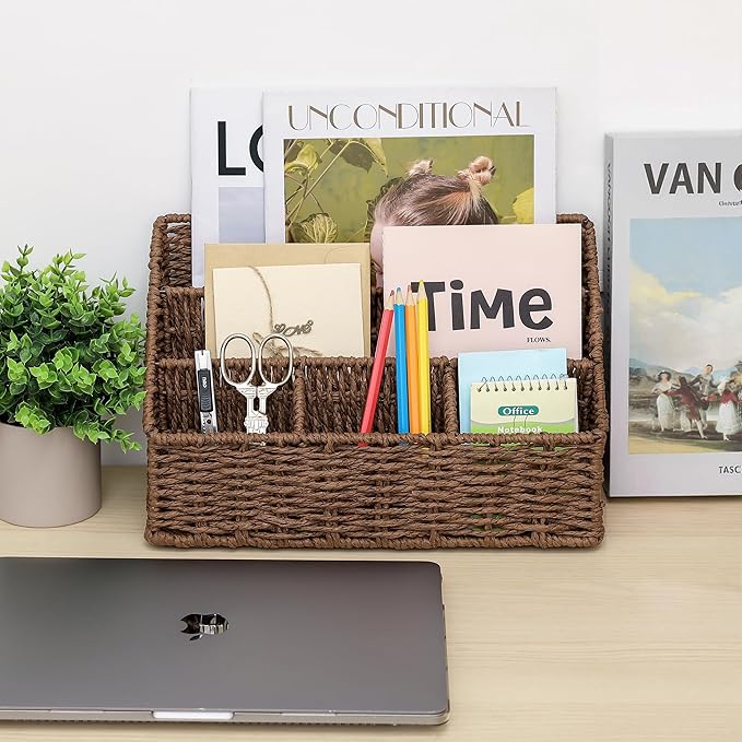 DINGTAI Rattan Desk Organizer, Tabletop Mail Holder, 5 Slot Mail Organizer Countertop Basket, Rattan Office Supplies, Boho Office Desk Accessories, Wicker Desk Organizer, Magazine Holder（Brown）