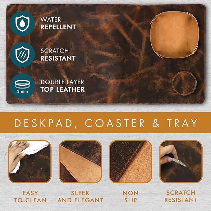 Leather Desk Pad Real Leather Desk Mat Desk Cover Desk Blotter Desk Protector Large Computer Mat for Keyboard Gaming Mouse Pad (2-Layer 3mm) Table Laptop Mat Office Desktop Accessories ELIZO