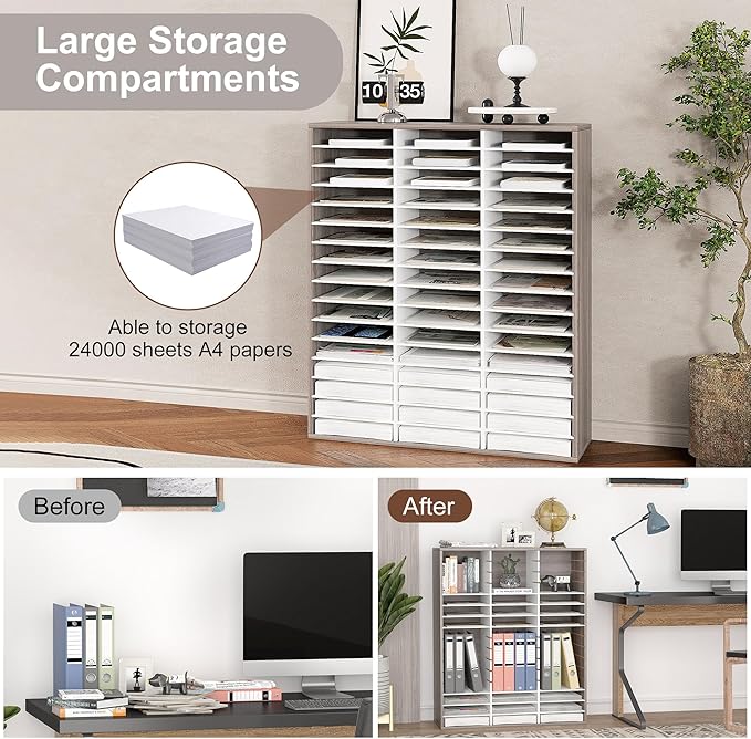 EasyPAG Wooden Literature Organizer with Adjustable Shelves, 48 Compartments Office Paper Organizer Storage 24000 Sheets Letter Size Paper, Student Mailbox for Classroom, Retro Gray/White