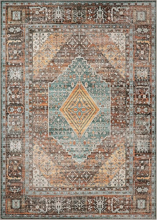 GENIMO 4x6 Area Rugs for Living Room, Machine Washable Rug, Non Slip Vintage Rugs, Low Pile Lightweight Chenille Print Rug for Bedroom, Dining Room, Home Office, Vintage Brown/Blue
