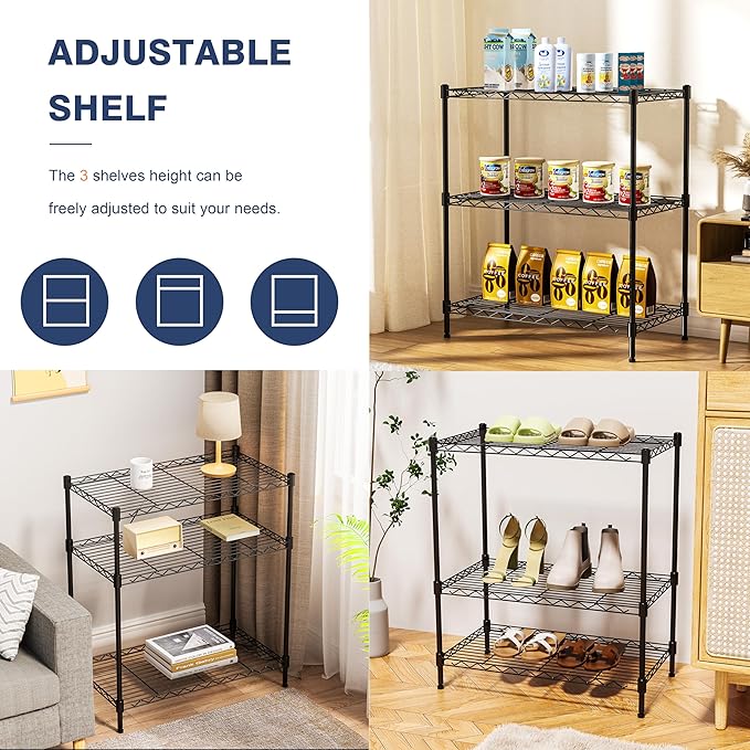 VANZBON 3-Tier Wire Shelf Rack,24" Dx14 Wx 30" H,Wire Metal Shelving with Lockable Wheels,Height Adjustable Storage Standing Shelves for Kitchen,Living Room,Laundry,Office,Pantry,Studio,Black