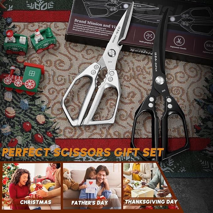 HUUSK Kitchen Scissors Set - Stainless Steel Kitchen Shear, Sharp Meat Scissors Dishwasher Safe, Heavy Duty Poultry Shears, Japanese Cooking Scissor for Food, Chicken Bones, Christmas Gift for Men