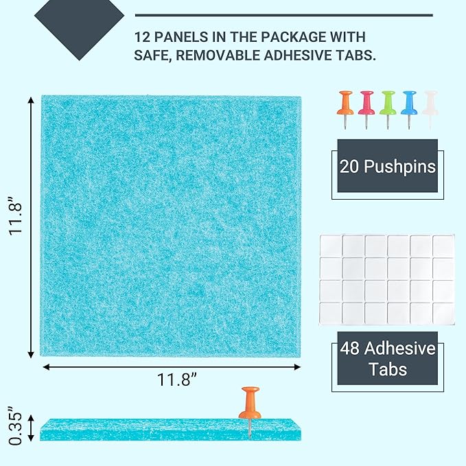 AKTOP Cork Board Bulletin Board 47"x35", 12 Pack Removable Felt Cork Board Tiles for Wall, Large Corkboard Notice Pin Board for Office, School & Home, 48 Safe Adhesive Tabs, 20 Push Pins, Baby Blue