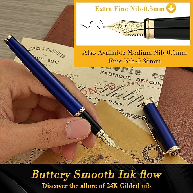 BEILUNER Blue Fountain Pen,Stunning Luxury Pens with 24K Gold Accents, Gorgeous 24K Gilded Nib(Extra Fine), Fancy Pen Gift for Men&Women -Ink Converter-Elegant, Reliable,Graduation Presents, Nice Pen