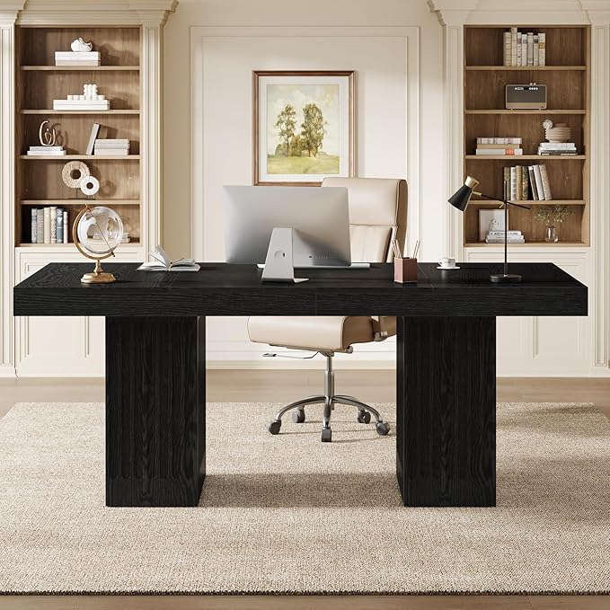 Tribesigns 63 Inch Executive Desk, Modern Office Computer Desk with Heavy Duty Double Pedestal, Large Study Writing Table Business Furniture for Home Office, Black