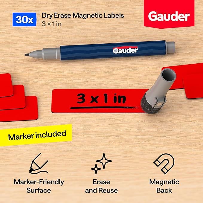 GAUDER Magnetic Dry Erase Labels | 30x Magnetic Labels (3 Inches x 1 Inch) | Dry Erase Magnets for Classroom, Whiteboard and Blackboard