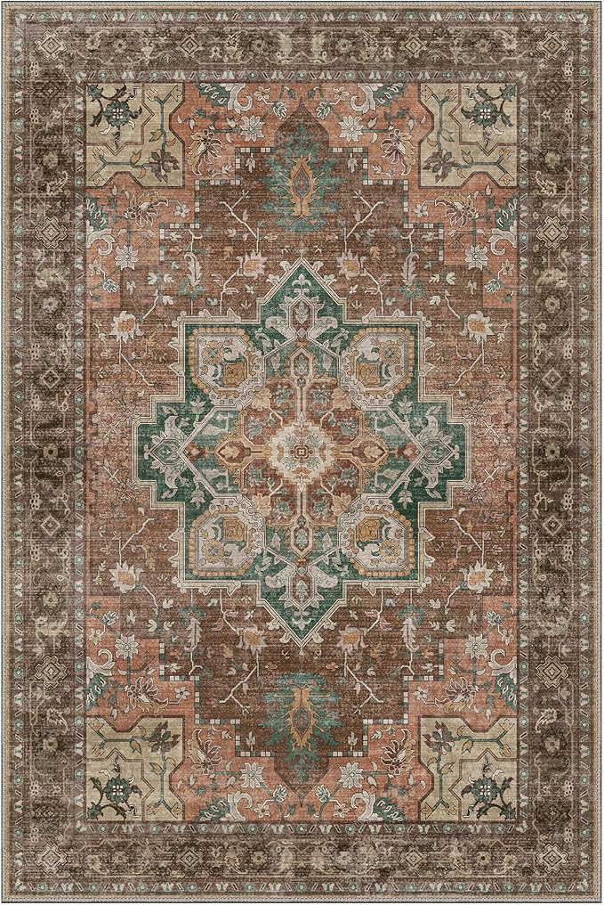 GENIMO 9x12 Area Rugs for Living Room, Non Slip Machine Washable Vintage Rugs, Low Pile Lightweight Chenille Print Large Rug for Bedroom, Dining Room, Home Office, Rosewood