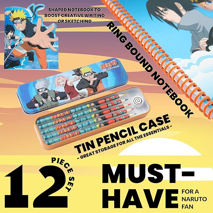 Naruto Stationery Set with Colouring Pencils Tin Pencil Case Childrens Notebooks Bumper Stationery Pack Anime Stationery Set School Supplies Anime Gifts for Boys