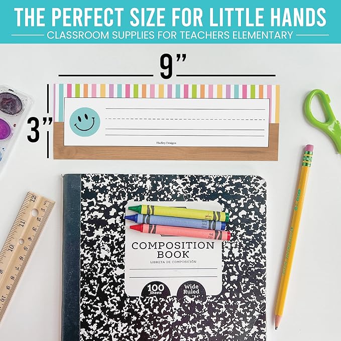 Desk Name Tags for Classroom -25 Student Name Plates for Classroom Kindergarten, Preschool, 1st, 2nd & 3rd Grade, 9x3 Teacher Nameplates for Student Desks & Cubbies, Smiley Nametags