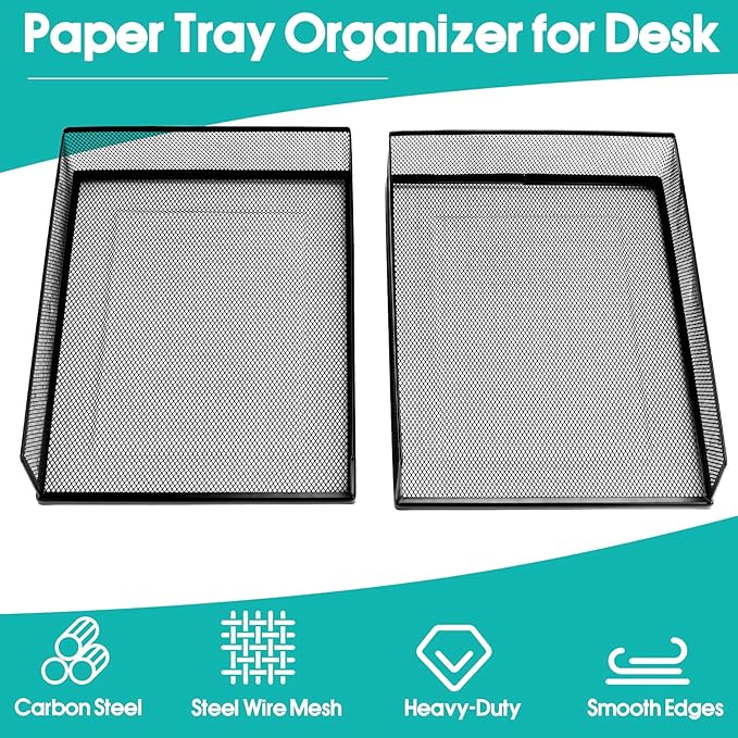 AZFUNN Wire Mesh Letter Trays Paper Tray Desk File Organizer, 2 Pack Stackable Metal Front-Load Documents Tray for Office Supplies File (Lengthways)