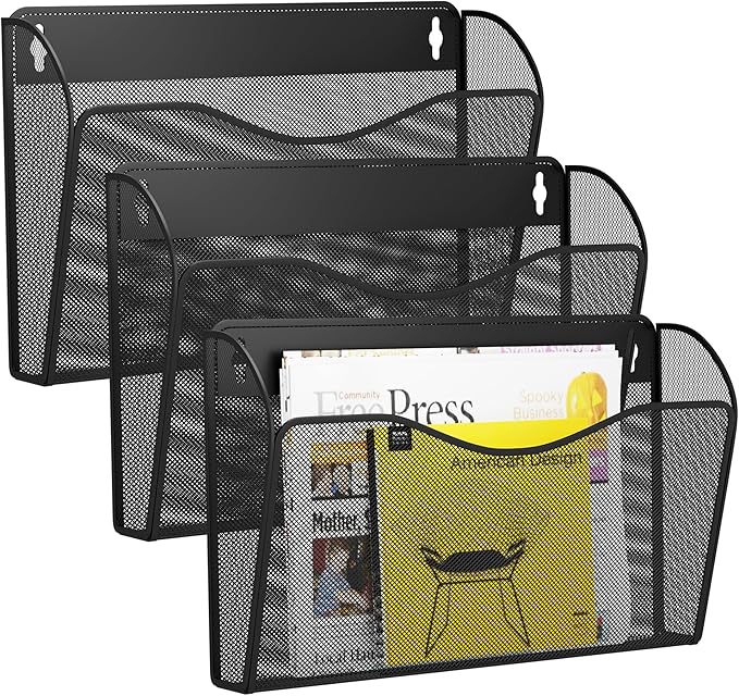 GDINDINFAN 3 Single Pocket Wall File Holder, Mesh Hanging File Folder Paper Organizer, Vertical Wall Mounted Mail Basket, Storage Organization Magazine Rack for Office, Home and School, Black