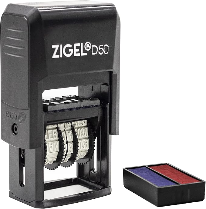 ZIGEL D50 Date Stamp with Completed - Self Inking Date Stamp - Blue/Red