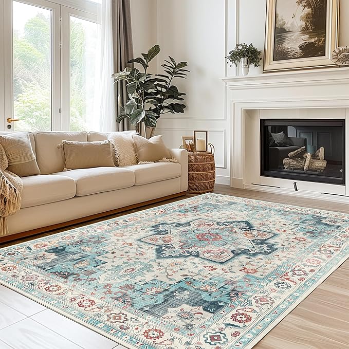 GENIMO 8x10 Area Rugs for Living Room, Machine Washable Non Slip Rugs, Low Pile Lightweight Vintage Print Rug for Bedroom, Dining Room, Home Office, Cyan/White