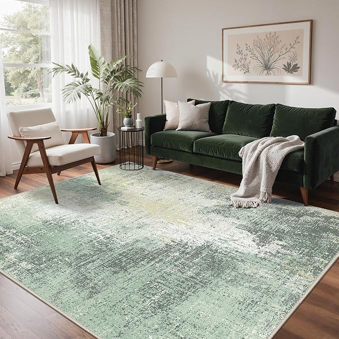 GENIMO Washable Area Rugs for Living Room, 8x10 Modern Non Slip Rugs, Low Pile Lightweight Soft Print Rug for Bedroom, Dining Room, Home Office, Washed Cream Green