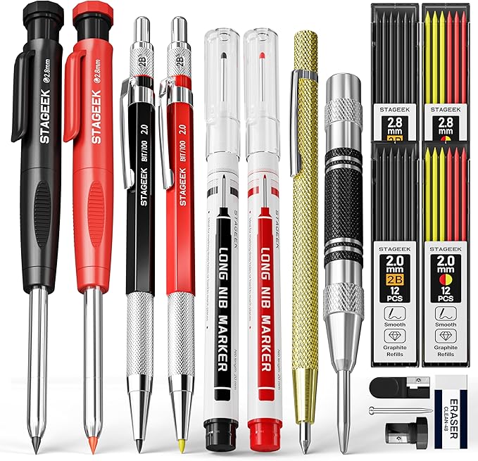 STAGEEK 17 Pack Carpenter Pencil Set with Sharpener, Mechanical Carpenter Pencils with 60 Refills, Deep Hole Long-Nib Marker Pens, Carbide Scribe Tool & Construction Pencils for Architect with Case