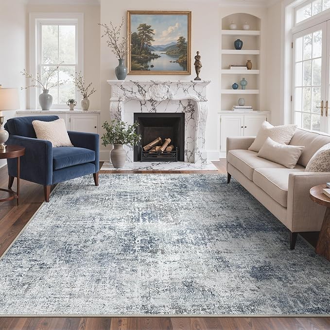 GENIMO Washable Area Rugs for Living Room, 8x10 Modern Non Slip Rugs, Low Pile Lightweight Soft Print Rug for Bedroom, Dining Room, Home Office, Washed Light Denim Blue