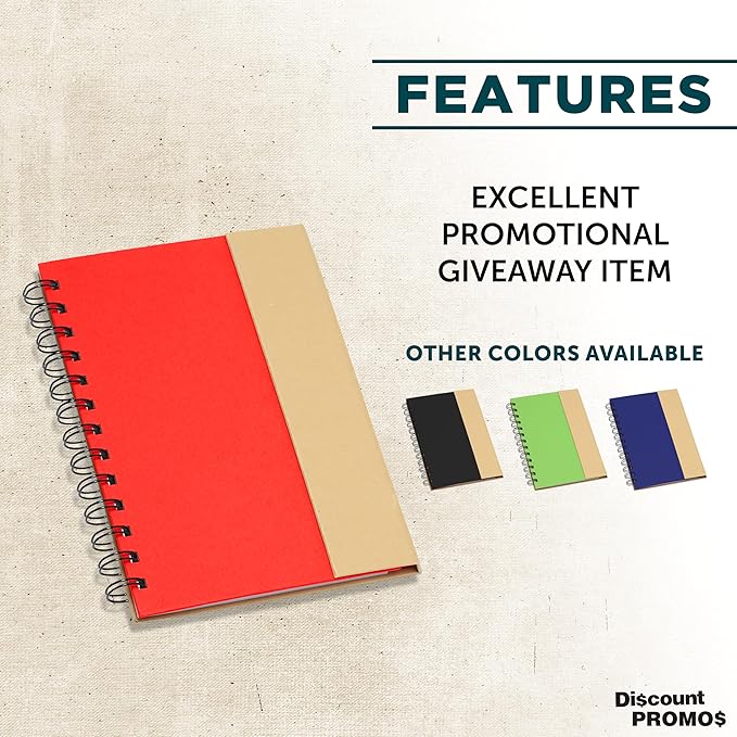 DISCOUNT PROMOS Eco Friendly Spiral Notebooks with Pens Set of 10, Bulk Pack - Perfect for School, Office, Home - Red