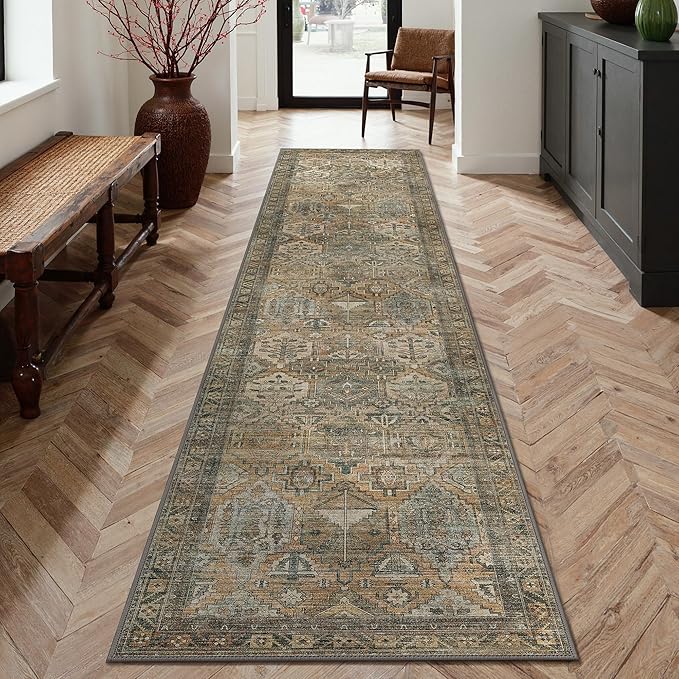 GENIMO 2x5 Runner Rugs for Hallway, Machine Washable Non Slip Vintage Rugs, Low Pile Lightweight Soft Print Rug for enrtyway, Corridor, Home Office, Kitchen, Warm Taupe
