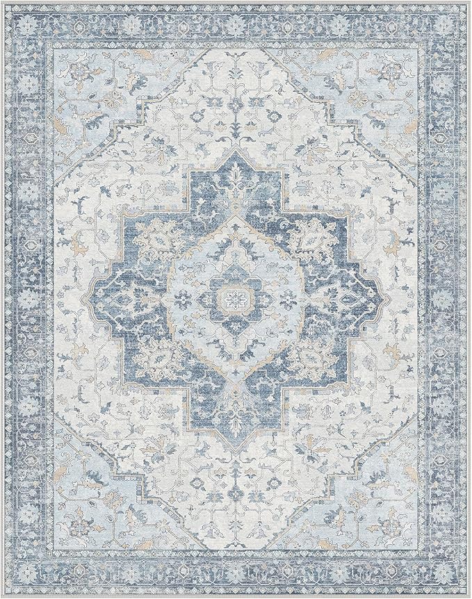 GENIMO 6x9 Area Rugs for Living Room, Machine Washable Non Slip Vintage Rugs, Low Pile Lightweight Chenille Print Rug for Bedroom, Dining Room, Home Office, Light Blue