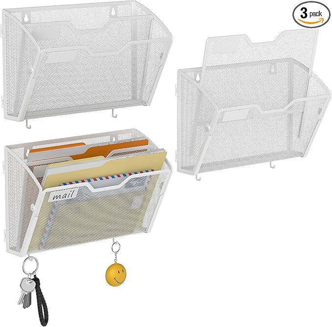 Docnest 2 Tier Mesh Wall File Holders with Hooks – 3 Pack Hanging Letter Holder - Document Organizer for Mail, Paper, Office, Home, School – Space-Saving Wall Mounted Folder Holder – White