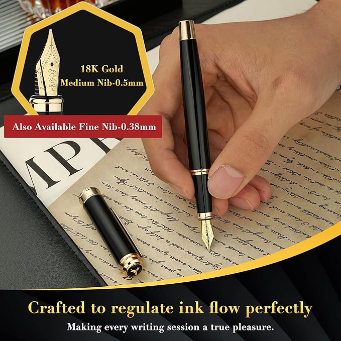 MCNTEIK 317 Fountain Pen,Stunning Luxury Piano Lacquer,18K Gilded Nib(Medium),Gorgeous 24K Gold Finish, Ink Converter,Trustworthy Gift for Men&Women-Elegant,Executive,Nice Pens for Writing, BK-M