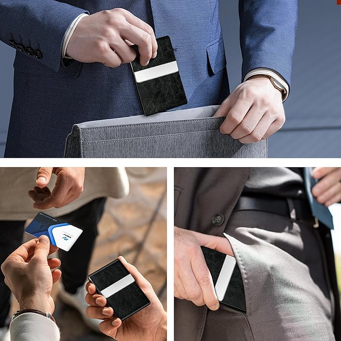 DMFLY Business Card Holder for Women or Men, Business Card Case with PU Leather and Stainless Steel, Slim Metal Case with Magnetic Closure for Business Meeting Use
