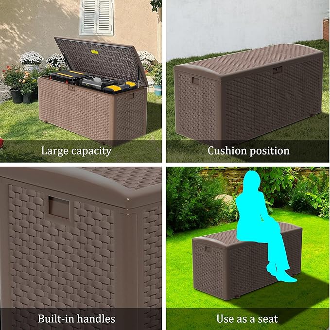 Decksplore 180 Gallon Pro Outdoor Storage Box Waterproof Lockable Resin Deck Box Large, Patio Storage Bin for Pool Accessories Cushion Furniture, Garden Tools, UV-Resistant Outside Delivery Brown