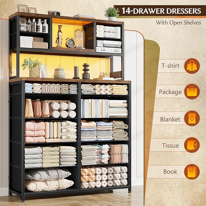 EnHomee Black Dresser with Multiple Fabric Drawers, Dresser for Bedroom with Charging Station and LED Lights,Dressers & Chests of Drawers for Bedroom, Steel Frame & Wooden Top, Entryway