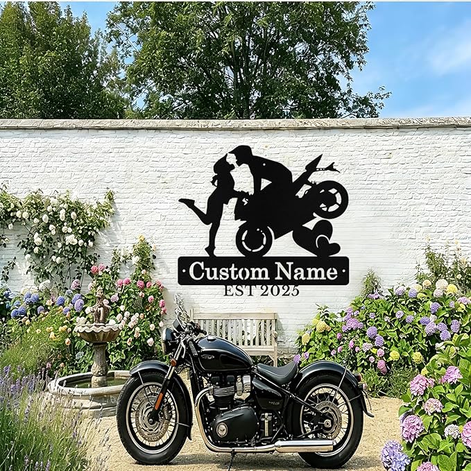 Custom Motorcycle Couple Metal Signs Personalized Biker Couple Name Sign Custom Garage Decor Motorbikes Wall Art Decor Motorcycle Sign Wedding Valentine's Day Gift for Couples