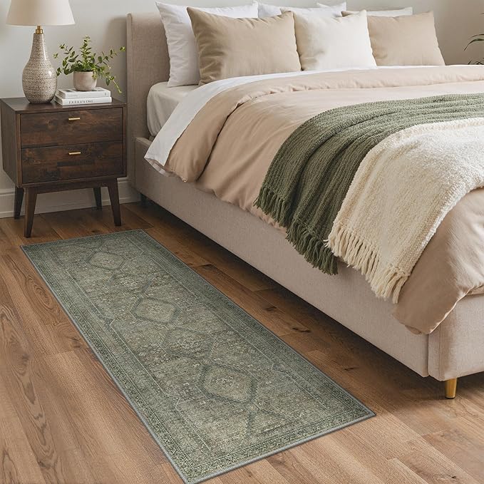 GENIMO Runner Rug 2x6 Non Slip Machine Washable Hallway Runner Rug, Low Pile Lightweight Rugs for Entryway, Hallway, Kitchen and Corridor, Sage/Blue
